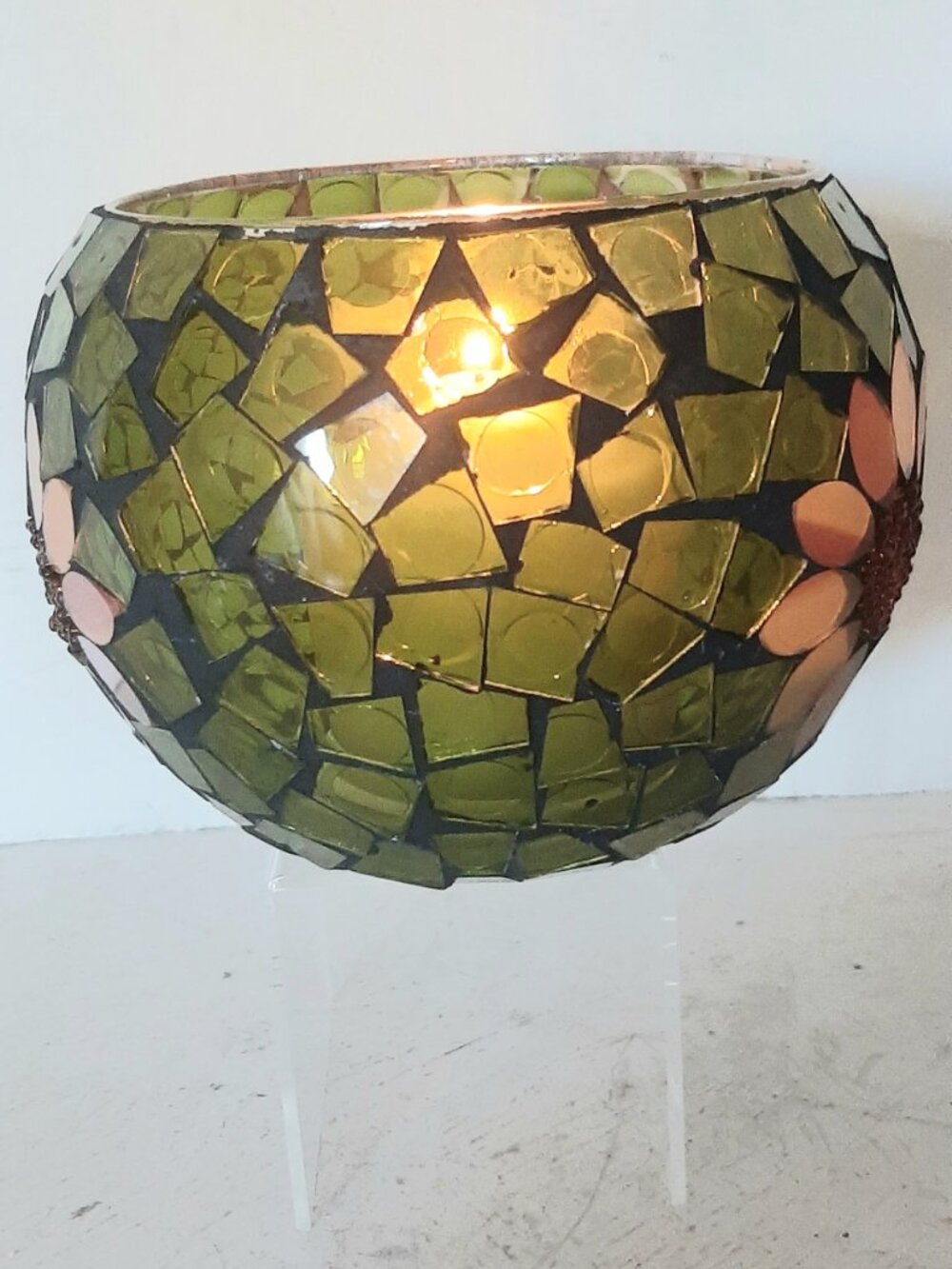 Green mosaic Sunflower Rosebowl style candle holde - Picture 5 of 7